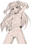  1girl akanagi arm_up armpits bare_shoulders belly_peek grin hand_on_hip idolmaster jougasaki_rika long_hair monochrome navel pants sleeveless smile solo tank_top track_pants twintails two_side_up v 