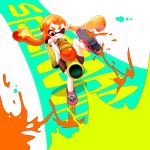  1girl ;q aiming bike_shorts copyright_name flat_chest full_body highres inkling jumping long_hair mask omi_(gxtm) one_eye_closed orange_eyes orange_hair paint_splatter payot pointy_ears shoes sneakers solo splatoon super_soaker tentacle_hair tongue tongue_out twintails 