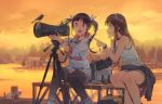  2girls binoculars bird black_hair blue_eyes brand_name_imitation brown_hair camera ddal dock lake long_hair multiple_girls open_mouth original red_eyes short_hair shorts skirt sunset thigh-highs tripod twintails 