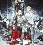  2boys blonde_hair blue_eyes boots coat crossed_legs crown elf father_and_son leaf legolas long_hair looking_at_viewer lord_of_the_rings male_focus multiple_boys pants pointy_ears sitting snow snowing standing starshadowmagician thranduil throne tree 