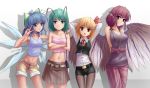  4girls adapted_costume alternate_costume animal_ears antennae arms_behind_head ascot bag bare_shoulders belt bird_wings blonde_hair blue_eyes blue_hair brown_legwear cirno contemporary crop_top crossed_arms gradient gradient_background green_eyes green_hair grin hair_ribbon hand_on_another&#039;s_shoulder handbag hater_(artist) highres ice ice_wings long_sleeves looking_at_viewer midriff multiple_girls mystia_lorelei nail_polish navel no_hat open_mouth pants pantyhose pink_eyes pink_hair pout red_eyes ribbon rumia sash short_hair shorts simple_background skirt sleeveless slit_pupils smile touhou v vest wings wriggle_nightbug 