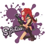 1girl bike_shorts boots copyright_name cross-laced_footwear full_body glowing glowing_eyes knee_boots kwk lace-up_boots long_hair mask midriff octoling one_knee pink_eyes pointy_ears redhead solo splatoon super_soaker tentacle_hair 