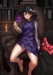  1girl absurdres ayakumo barefoot bookshelf bow brown_eyes brown_hair candlestand cape chair dress glasses hat hat_bow highres long_sleeves occult_ball purple_dress shirt sitting solo touhou usami_sumireko 