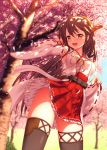  1girl bare_shoulders black_hair cherry_blossoms detached_sleeves hair_ornament hairband hairclip haruna_(kantai_collection) highres japanese_clothes kantai_collection long_hair nazu-na nontraditional_miko open_mouth panties pantyshot smile solo thigh-highs underwear 