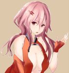  1girl bare_shoulders breasts center_opening cleavage detached_sleeves elbow_gloves fingerless_gloves gloves guilty_crown hair_ornament hairclip long_hair looking_at_viewer open_mouth pink_hair red_eyes solo twintails yuzuriha_inori 