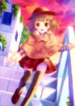  1girl absurdres black_legwear blush brown_eyes brown_hair checkered clouds cloudy_sky coat hat highres long_sleeves looking_at_viewer open_mouth original outdoors reaching shirt shoes short_hair skirt sky smile solo stairs sunset takoyaki_(roast) thigh-highs walking 