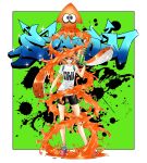  1girl backpack bag bike_shorts breasts cai-man contrapposto copyright_request full_body graffiti highres inkling long_hair long_legs mask orange_eyes orange_hair paint_splatter pointy_ears shoes sneakers solo splatoon squid standing super_soaker t-shirt tentacle_hair twintails 