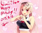  1girl :d adapted_costume alternate_costume blonde_hair commentary dated fang hair_flaps hair_ornament hair_ribbon hairclip happy_birthday heart heart_hands kantai_collection midriff open_mouth red_eyes remodel_(kantai_collection) ribbon smile solo tbd11 yuudachi_(kantai_collection) 