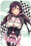 1girl breasts checkered checkered_flag green_eyes helmet huge_breasts long_hair love_live!_school_idol_project miseinen navel purple_hair racequeen smile solo sweat toujou_nozomi twintails 
