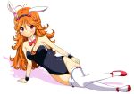  1girl animal_ears blush breasts bunnysuit cleavage detached_collar long_hair looking_at_viewer nectar_(fujiya) orange_hair rabbit_ears red_eyes solo thigh-highs tokyo_7th_sisters usuta_sumire wrist_cuffs 