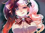  1girl :p alicia_(chain_chronicle) bakemata black_hair bow breasts chain_chronicle crazy_eyes hair_bow hair_ornament hat large_breasts long_hair multicolored_hair pink_hair red_eyes skull_hair_ornament tongue tongue_out twintails 