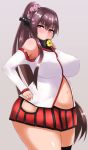  1girl bare_shoulders belly blush breasts brown_hair cutout fat flower hair_flower hair_ornament headpiece kantai_collection large_breasts long_hair looking_at_viewer miniskirt navel oozon_(ozon) plump pout red_eyes single_thighhigh skirt solo thigh-highs undersized_clothes very_long_hair wide_hips yamato_(kantai_collection) 