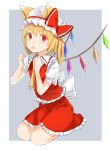  1girl animal_ears ascot blonde_hair blue_background border bow cat_ears crystal fang flandre_scarlet hat hat_ribbon kemonomimi_mode looking_at_viewer mob_cap open_mouth pokan_(xz1128) puffy_sleeves red_eyes ribbon shirt short_hair short_sleeves side_ponytail simple_background sitting skirt skirt_set slit_pupils solo touhou vest wings 