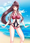  1girl beach breasts brown_eyes brown_hair itachou kantai_collection long_hair looking_at_viewer ponytail smile solo swimsuit water yamato_(kantai_collection) 