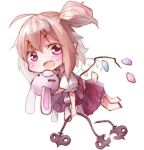  1girl blonde_hair chibi dress fang flandre_scarlet flying_sweatdrops laevatein looking_at_viewer no_hat open_mouth pink_eyes pointy_ears red_dress sash shunsuke side_ponytail solo stuffed_animal stuffed_bunny stuffed_toy touhou wings 