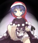  1girl :q barefoot bloomers blue_eyes blue_hair doremy_sweet dress ka_zhi nightcap pom_pom_(clothes) short_hair tail tongue tongue_out touhou underwear 