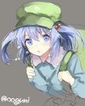  1girl backpack bag blue_eyes blue_hair blush bubble colored grey_background hair_bobbles hair_ornament hat kawashiro_nitori key looking_at_viewer open_mouth partially_colored simple_background sketch solo touhou twintails twitter_username wowoguni 