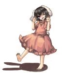  ;d animal_ears barefoot black_hair bunny_tail carrot_necklace dress frilled_dress frills inaba_tewi one_eye_closed open_mouth rabbit_ears red_eyes short_hair simple_background smile tail touhou white_background yunuki_uta 