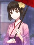  1girl axis_powers_hetalia black_hair brown_eyes flower genderswap hair_flower hair_ornament holding holding_umbrella japan_(hetalia) japanese_clothes kimono long_sleeves lotus_(elico) obi oriental_umbrella sash short_hair smile solo umbrella upper_body wide_sleeves 