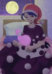  1girl :q bed blob blue_eyes blue_hair book doremy_sweet dress full_moon highres moon nightcap nil_leaf pillow pom_pom_(clothes) ringo_(touhou) seiran_(touhou) short_hair sitting sitting_on_bed sky solo star_(sky) star_print starry_sky tail tongue tongue_out touhou 