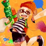  1girl alternate_headwear beanie bike_shorts blush_stickers chino69 flat_chest hat inkling jumping long_hair mask open_mouth orange_eyes orange_hair paint_splatter payot pointy_ears solo splatoon striped super_soaker t-shirt tentacle_hair twintails 