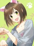  1girl :d animal_ears blush cat_ears dated fangs green_eyes idolmaster idolmaster_cinderella_girls kodama_(wa-ka-me) maekawa_miku open_mouth paw_pose paw_print short_hair smile solo 