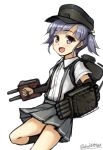  1girl arm_warmers artist_name black_legwear chimney don_(29219) grey_eyes grey_hair hair_ornament hair_ribbon hat imperial_japanese_navy kantai_collection looking_at_viewer machinery ooshio_(kantai_collection) open_mouth pleated_skirt ribbon school_uniform serafuku short_hair short_twintails skirt smile solo suspenders torpedo turret twintails twitter_username white_background 