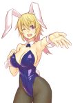  1girl and animal_ears blonde_hair breasts bunny_tail bunnysuit charlotte_dunois cleavage female foreshortening infinite_stratos large_breasts leotard long_hair one_eye_closed pantyhose ponytail rabbit_ears smile solo tail violet_eyes wrist_cuffs 