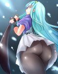  1girl ass blue_eyes blue_hair from_behind from_below hair_ornament hairclip katana kitayama_miuki long_hair looking_at_viewer looking_down pantyhose ready_to_draw serious sheath sheathed shimo_(yatagarasu) shiny shiny_clothes skirt sleeves_rolled_up solo sword thighs upskirt very_long_hair weapon wristband yatagarasu_(game) 