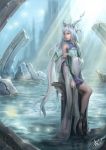  1girl 2015 borrowed_character cecilia_(acerailgun) flat_chest highres horns long_hair marwan_islami original ruins shoes signature silver_hair sitting solo sunlight twintails very_long_hair water wide_sleeves witch yellow_eyes 