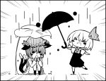  &gt;_&lt; 2girls :d :o animal_ears bow cat_ears cat_tail chen chibi demekyon hair_bow jewelry mob_cap monochrome multiple_girls multiple_tails nekomata open_mouth rain rumia short_hair short_sleeves single_earring smile solid_circle_eyes tail touhou two_tails umbrella xd 
