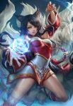  1girl ahri animal_ears bare_shoulders black_hair breasts cleavage detached_sleeves facial_mark fox_ears fox_tail korean_clothes league_of_legends lips long_hair looking_at_viewer multiple_tails ramen_(aquare9ia) smile solo tail whisker_markings yellow_eyes 