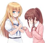  2girls blonde_hair blue_eyes blush brown_hair cardigan commentary_request crossed_arms highres long_hair multiple_girls oohoshi_awai ponytail red_eyes saki saki_achiga-hen school_uniform serafuku suzushiro_yukari takakamo_shizuno translation_request yuri 