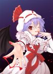  1girl ascot bat_wings blood_on_hands blush bow finger_licking hat hat_bow lavender_hair licking nekohane_ryou one_eye_closed red_eyes remilia_scarlet solo touhou wings 