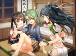  black_hair brown_eyes gloves highres japanese_clothes kantai_collection katsuragi_(kantai_collection) long_hair ponytail remodel_(kantai_collection) sendai_(kantai_collection) short_hair sitting smile tugo twintails zuikaku_(kantai_collection) 