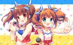  2girls :d bangs blue_eyes blunt_bangs bow bracelet brown_eyes brown_hair curly_hair hair_ornament idolmaster idolmaster_cinderella_girls jewelry looking_at_viewer microphone midriff multiple_girls necklace ogata_chieri open_mouth outstretched_hand pin pinky_out sleeveless smile suimya takatsuki_yayoi twintails 