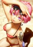  1girl :p arm_up bikini black_nails breasts facial_mark from_above looking_at_viewer middle_finger nail_polish original pink_hair red_bikini salmon88 shadow solo sunglasses sunglasses_on_head swimsuit tongue tongue_out vertical-striped_bikini vertical_stripes violet_eyes 