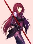  1girl absurdres bodysuit breasts fate/grand_order fate_(series) fuyuki_(neigedhiver) gae_bolg highres lancer_(fate/grand_order) long_hair pink_background polearm redhead simple_background solo weapon 