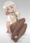  1girl blush breasts brown_legwear dark_elf dark_skin elf feet large_breasts looking_at_viewer naka_akira necktie original pantyhose pantyhose_pull pointy_ears school_uniform short_hair silver_hair skirt smile solo sweater_vest 