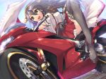  1girl armadillo-tokage bare_shoulders black_hair boots detached_sleeves hair_ornament hairband hairclip haruna_(kantai_collection) highres japanese_clothes kantai_collection long_hair motor_vehicle motorcycle nontraditional_miko open_mouth skirt smile solo thigh-highs thigh_boots vehicle 