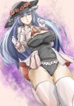  1girl blue_eyes blue_hair breasts gloves hat leotard long_hair looking_at_viewer solo thigh-highs umineko_no_naku_koro_ni virgilia white_gloves white_legwear yohane 