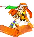  2girls aiming bike_shorts full_body inkling long_hair lowres mask multiple_girls orange_eyes orange_hair paint_roller piggyback splatoon super_soaker t-shirt teamwork twintails 