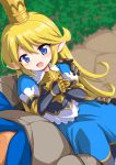  1girl blonde_hair blue_dress blue_eyes carrying crown dress granblue_fantasy long_hair marugoshi_(54burger) metal_gloves open_mouth pointy_ears princess_carry smile very_long_hair 
