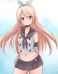  1girl akky_(akimi1127) blonde_hair brown_eyes dated elbow_gloves gloves hairband hand_on_hip highres kantai_collection long_hair looking_at_viewer navel shimakaze_(kantai_collection) sketch skirt smile solo white_gloves 