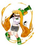  1girl bike_shorts fang full_body highres inkling long_hair mask midriff mikusu navel orange_hair pigeon-toed red_eyes shirt shoes small_breasts sneakers solo splatoon super_soaker t-shirt tentacle_hair tied_shirt twintails wristband 