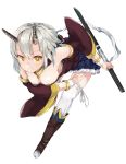  1girl boots breasts downblouse highres horns katana leaning_forward monobe_tsukuri original pointy_ears scabbard sheath silver_hair simple_background smile solo sword thigh-highs weapon white_background white_legwear yellow_eyes 