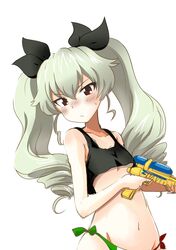  1girl anchovy bikini blush brown_eyes drill_hair flag_print girls_und_panzer green_hair hair_ribbon holding long_hair looking_at_viewer multicolored_bikini niyang53 print_bikini ribbon side-tie_bikini sketch solo standing swimsuit twin_drills twintails water_gun white_background 