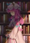  1girl bespectacled book book_stack bookshelf carrying coat crescent dress glasses hair_ribbon long_hair long_sleeves mob_cap open_clothes open_coat patchouli_knowledge purple_hair ribbon seeker solo striped striped_dress touhou tress_ribbon very_long_hair violet_eyes wide_sleeves 