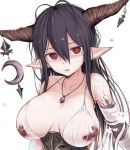  1girl antenna_hair bandages black_hair blood breasts cleavage danua granblue_fantasy hair_between_eyes highres horn_ornament horns jewelry large_breasts long_hair looking_at_viewer makabe_gorou necklace open_mouth pointy_ears red_eyes simple_background solo upper_body white_background 