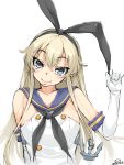  1girl anchor_hair_ornament blonde_hair blue_eyes blush dated elbow_gloves gloves hair_ornament hairband happa_(cloverppd) kantai_collection long_hair looking_at_viewer shimakaze_(kantai_collection) simple_background sketch smile white_background white_gloves 